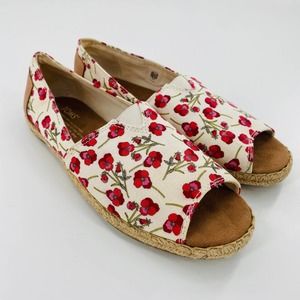Toms Poppy Peep Floral Toe Slip-On Espadrille Red/Cream Sandals  Size 7